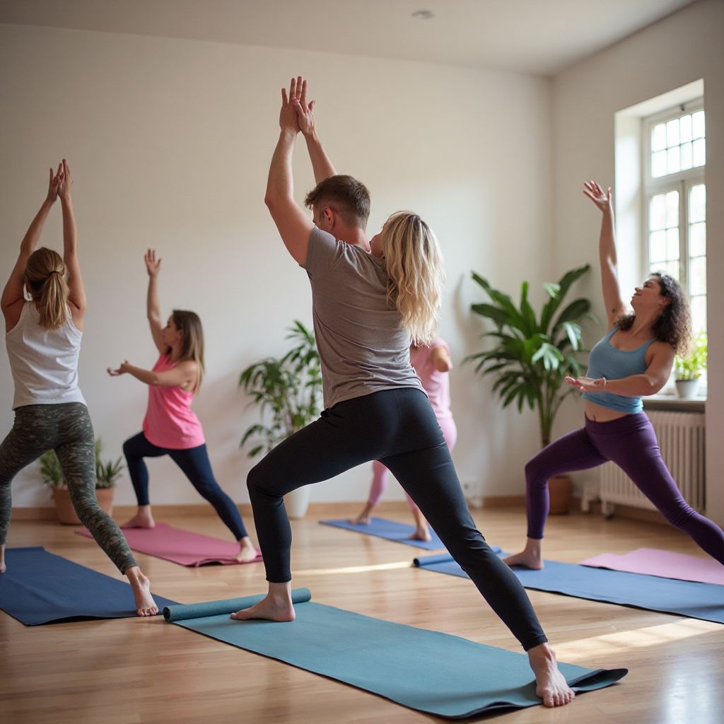 Community of families practicing yoga together